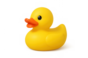 Yellow rubber duck floating, symbolizing childhood playtime and bathtime joy against clean transparent backdrop