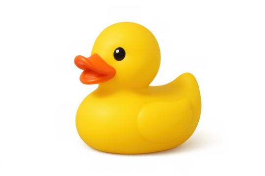 Yellow rubber duck floating, symbolizing childhood playtime and bathtime joy against clean transparent backdrop