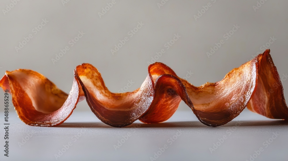 Poster crispy bacon slices artfully arranged in a wavy pattern on a light grey surface.