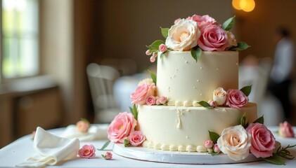 Stunning white wedding cake adorned with fresh flowers, sophisticated, sophisticated
