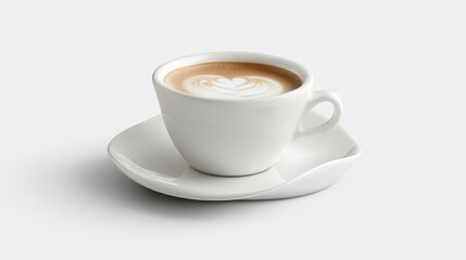 A white ceramic cup and saucer, filled with a cappuccino with a heart-shaped latte art design, set against a clean white background
