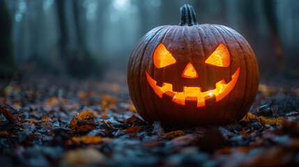 A jack-o'-lantern grins invitingly, its carved features illuminated by an orange glow, against a backdrop of a spooky, autumnal landscape, offering a blank canvas for your creative message 