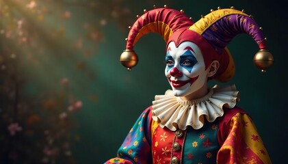 Elaborate jester costume, vibrant colors, bells, accessories, jester, funny