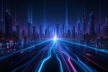 Futuristic cityscape representing data transmission and technological advancement