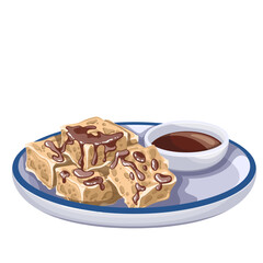 Crispy fried stinky tofu cubes served with dark dipping sauce on a plate. Famous fermented street food from Asia. Cartoon vector illustration for menu, food guide, or cultural projects.