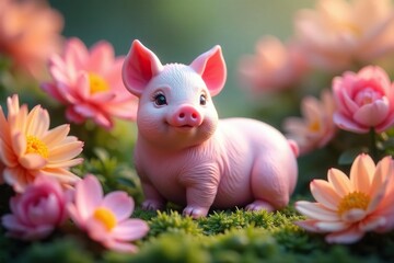Pink pig figurine nestled amongst blooming flowers , ceramic, figurine, garden