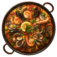 Overhead shot displays a vibrant paella bursting with fresh seafood, ripe tomatoes, and fragrant herbs in a rustic pan, enhanced by a lemon slice on a white background.