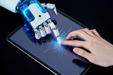 Human and robot hands interacting on a digital tablet technology and connection concept