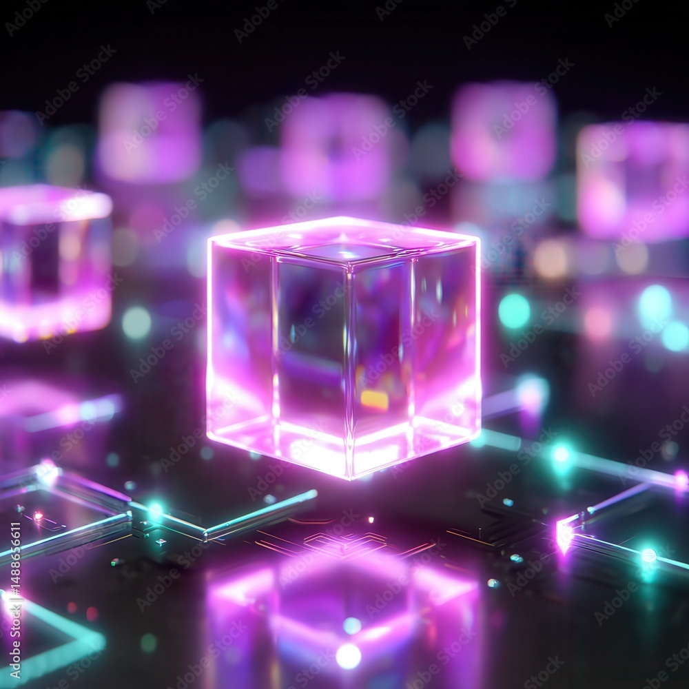 Poster a futuristic, cinematic 3d digital scene showing a glowing, glass-like cube in the center, floating 
