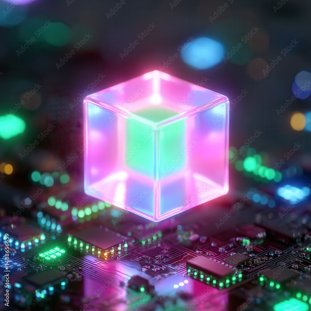 Poster a futuristic, cinematic 3d digital scene showing a glowing, glass-like cube in the center, floating 