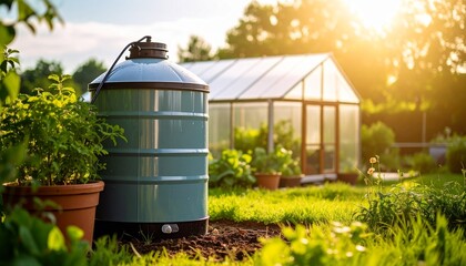 Obraz premium A rainwater collection barrel next to a greenhouse – Sustainable Living & Eco-Friendly Products 