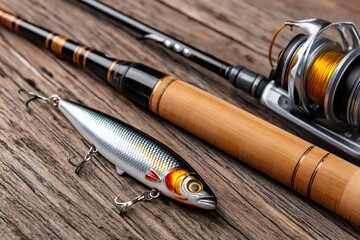 Naklejka premium Fishing tackle including rod, reel, and lure lying on wooden surface