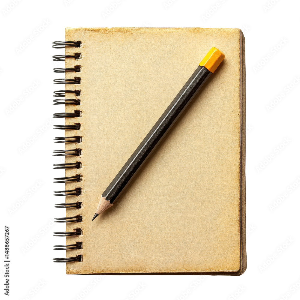 Aufkleber notebook with pencil resting on it isolated against a transparent background for creative and organi