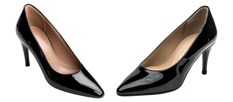 Female lacquered black shoe isolated on transparent background