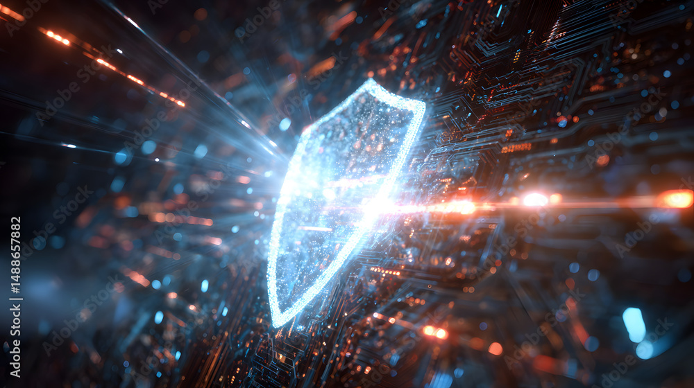 Poster digital fortress: a glowing shield emblazoned on a digital circuit board, representing cybersecurity