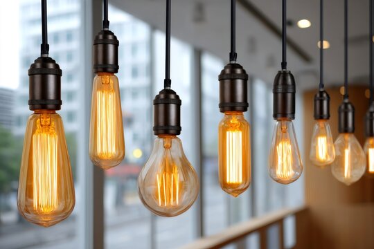 Hanging retro light bulbs illuminating modern office space - Powered by Adobe