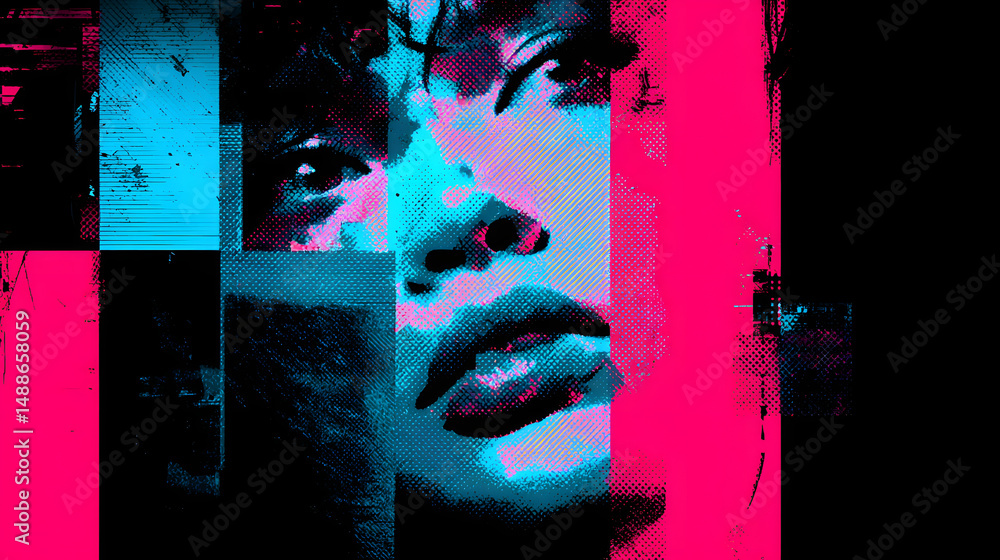 Poster emotional layers: an abstract representation of a face, rendered in vibrant colors and fragmented co