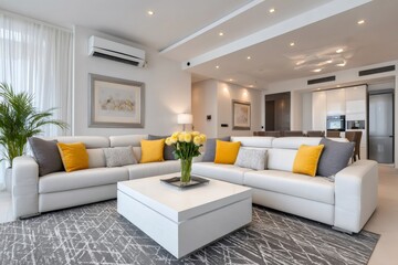 Plakat Modern living room showcasing stylish interior design with white sofa and yellow cushions