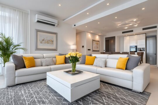 Modern living room showcasing stylish interior design with white sofa and yellow cushions - Powered by Adobe