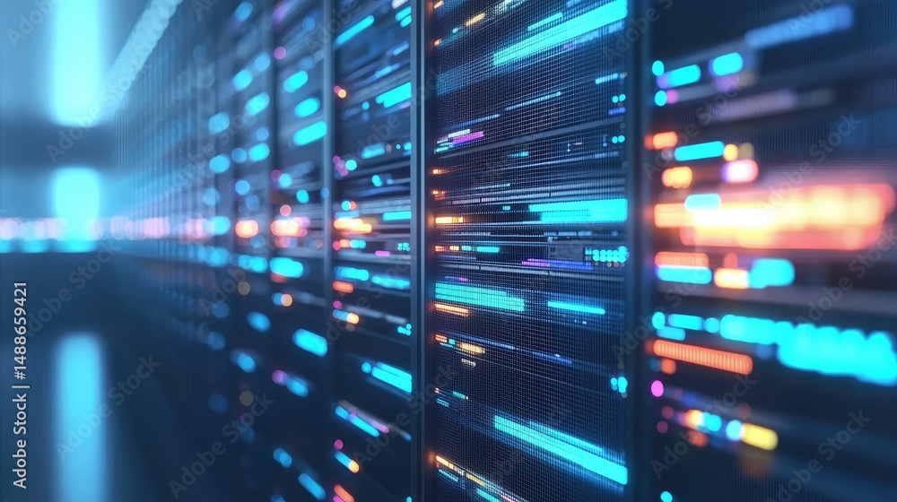 Aufkleber bright futuristic server room with colorful glowing panels and blue reflections, suitable for visual