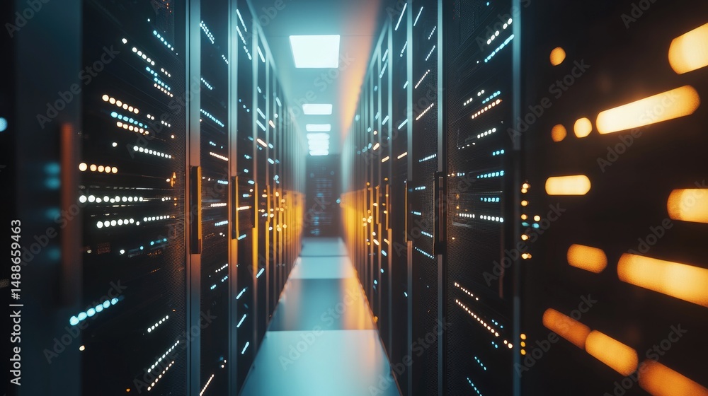 Poster High-tech server corridor with glowing orange and blue lights under a lit ceiling, ideal for cloud infrastructure, cybersecurity, and futuristic data storage themes