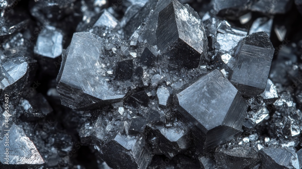 Poster close-up of dark gray crystals with sharp edges and facets, forming a dense cluster.