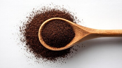 Ground coffee in a wooden spoon, scattered on a white surface