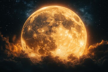 Full moon illuminated by clouds against a starry sky at night, creating a magical celestial atmosphere in nature