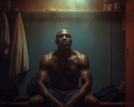 A muscular, Black man sits in a dimly lit locker room, sweat glistening on his skin. He appears pensive and strong, showcasing a powerful physique.