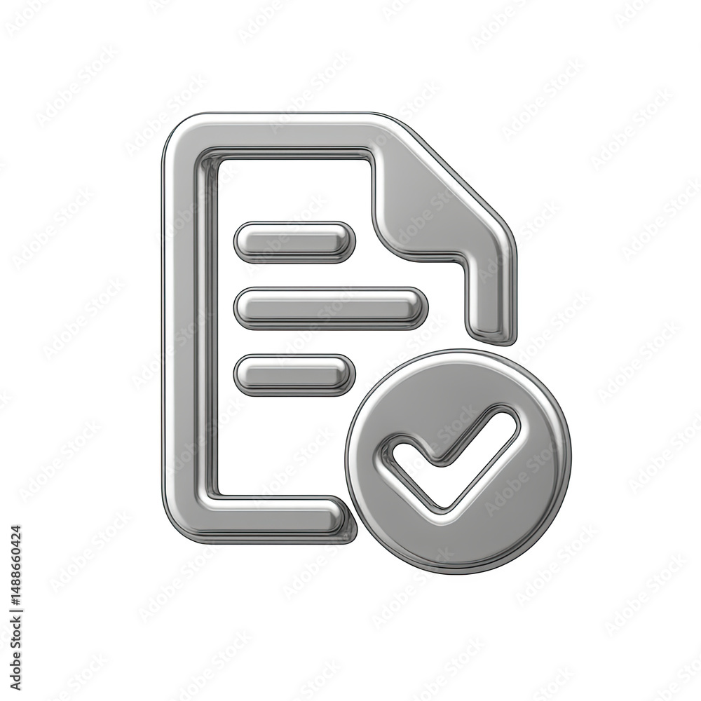 Poster silver metallic document icon with check mark on dark background