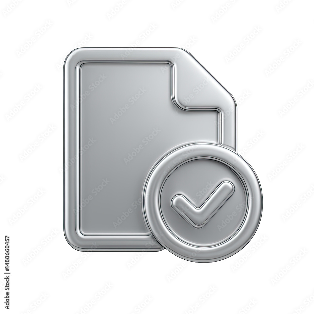 Poster silver metallic document icon with check mark on dark background