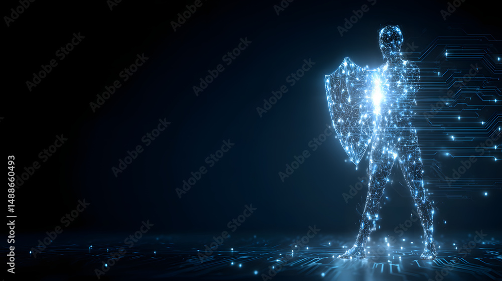 Poster digital defender: an abstract, artistic depiction of a digital figure with a shield, representing cy