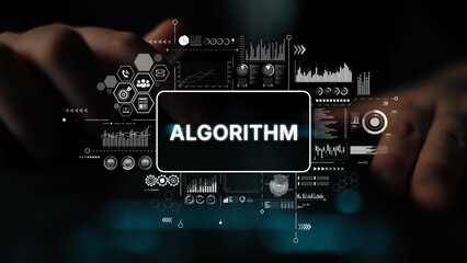 Abstract representation of algorithm concepts with data analysis and futuristic design elements for...