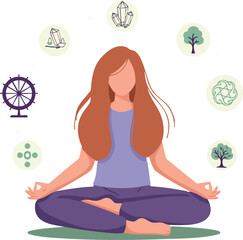 Obraz premium Woman meditating in lotus pose with spiritual and nature symbols vector illustration 