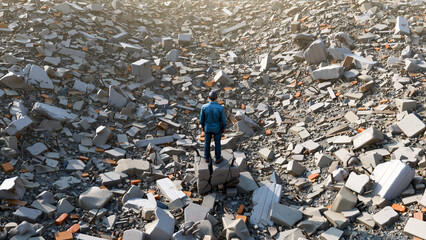 Man Standing on Rubble After Destruction - Leadership, Crisis Management, Economic Collapse, and Recovery, 3D Render