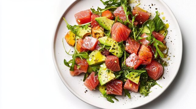 Fresh tuna and avocado salad served on a white plate.