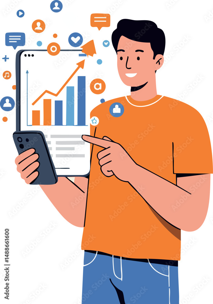 Poster man using smartphone with social media analytics and graph growth vector illustration