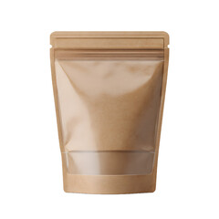 A brown kraft paper stand up pouch with a clear window, designed for showcasing and preserving various food products, displayed against a clean white background.