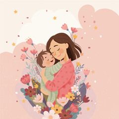 Mother Holding Baby in Floral Scene – Tender Vector Illustration