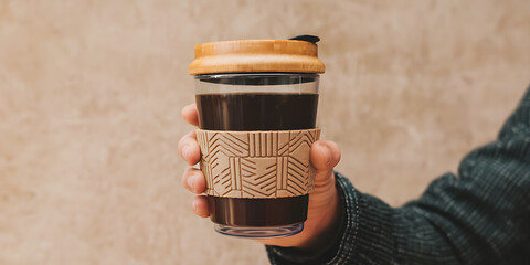 Eco friendly hand holding reusable coffee cup with wooden lid on beige surface sustainable drink lifestyle