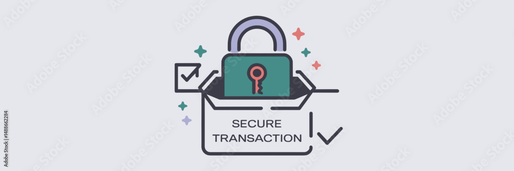 Poster secure transaction concept with lock and checkmark – ideal for financial security visuals, trust-bui