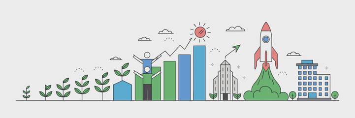 Vector sheet of business growth icons with rocket and skyscraper – Great for marketing content, corporate growth presentations, or startup campaigns.