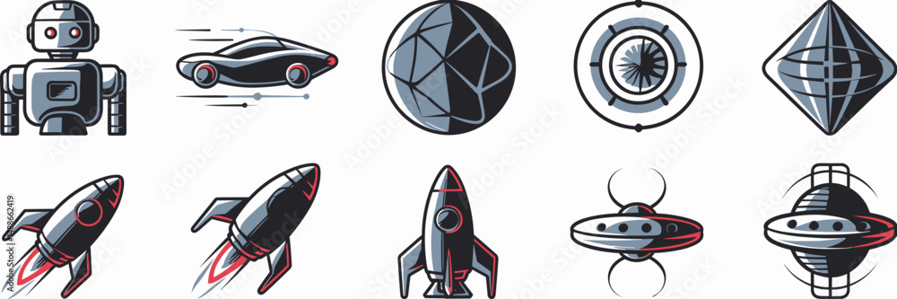 Poster futuristic vector icon set with robot, flying car, and space elements – ideal for tech branding, sci
