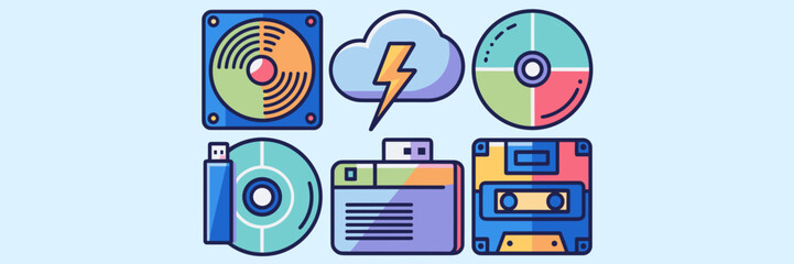 Data storage icon sheet with hard drive, cloud, usb flash drive, cd-rom, floppy disk, and tape cassette – Suitable for technology tutorials, software design, and IT presentations
