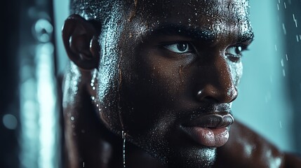 Intense portrait of a man with water droplets, conveying strength and determination. Moody lighting and close-up capture.