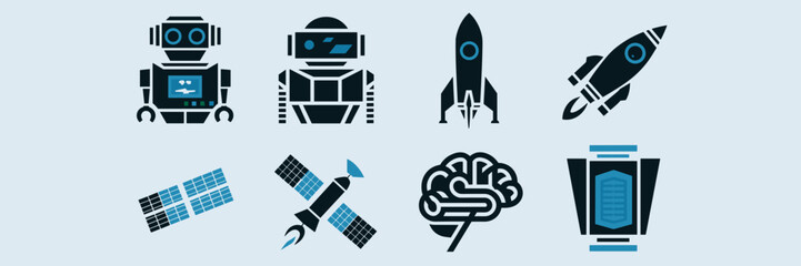 Sleek futuristic vector icons with robot, spaceship, and brain &ndash; Great for science fiction projects, tech interfaces, or educational resources