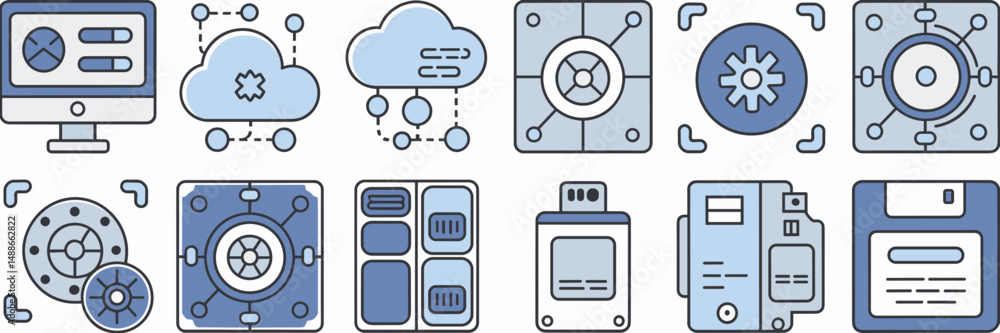 Poster flat vector icons of data storage devices – ideal for cloud computing infographics, tech branding, o
