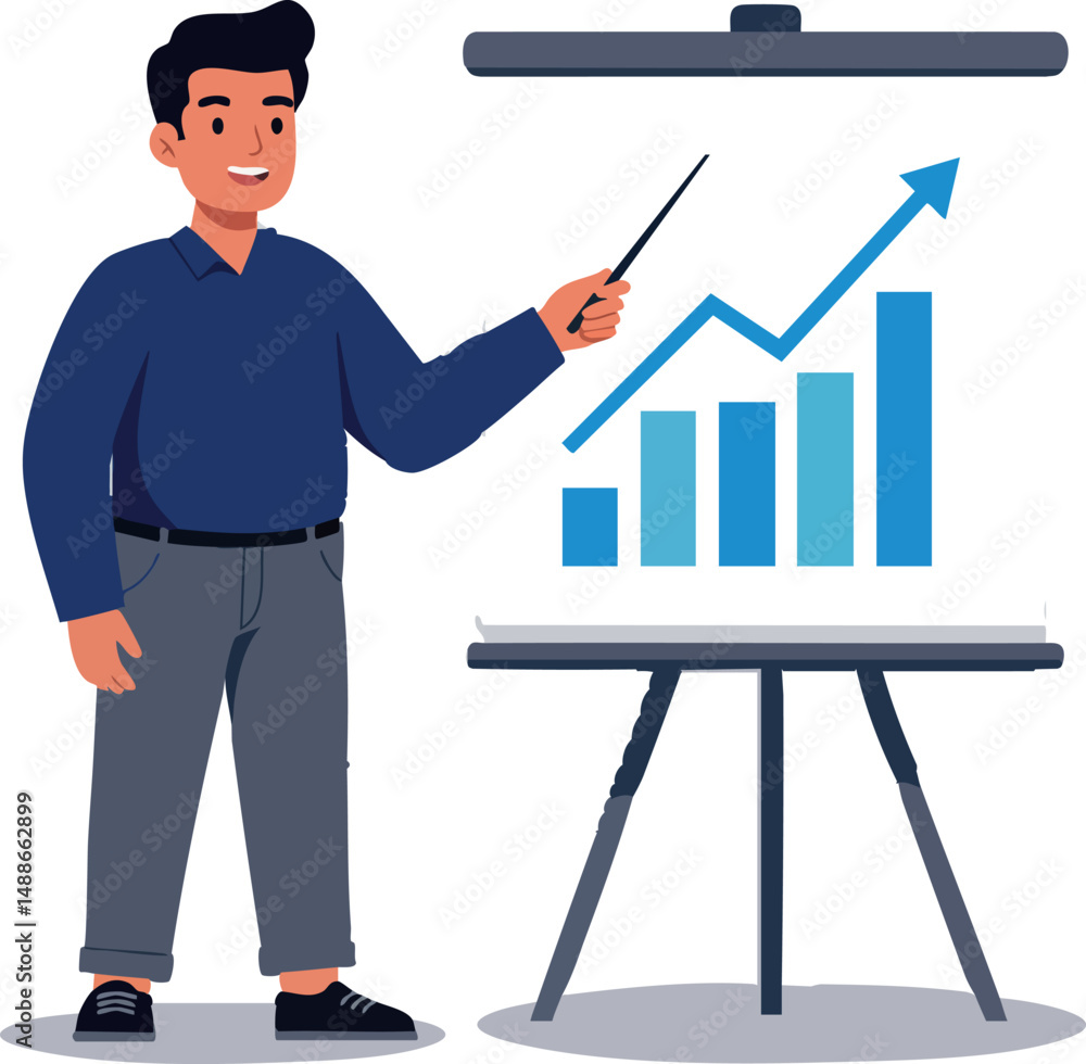Poster man presenting business growth chart with upward arrow on flip chart vector illustration