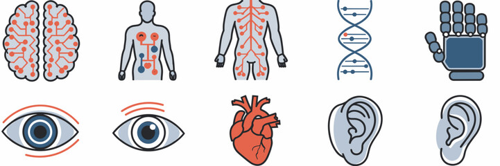 Blue and orange tech-themed vector icons of human brain, robotic hand, DNA, and body systems – Great for scientific research, robotics, or futuristic medical topics