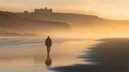 Solitary figure walks a golden beach at sunrise.  Coastal castle in background